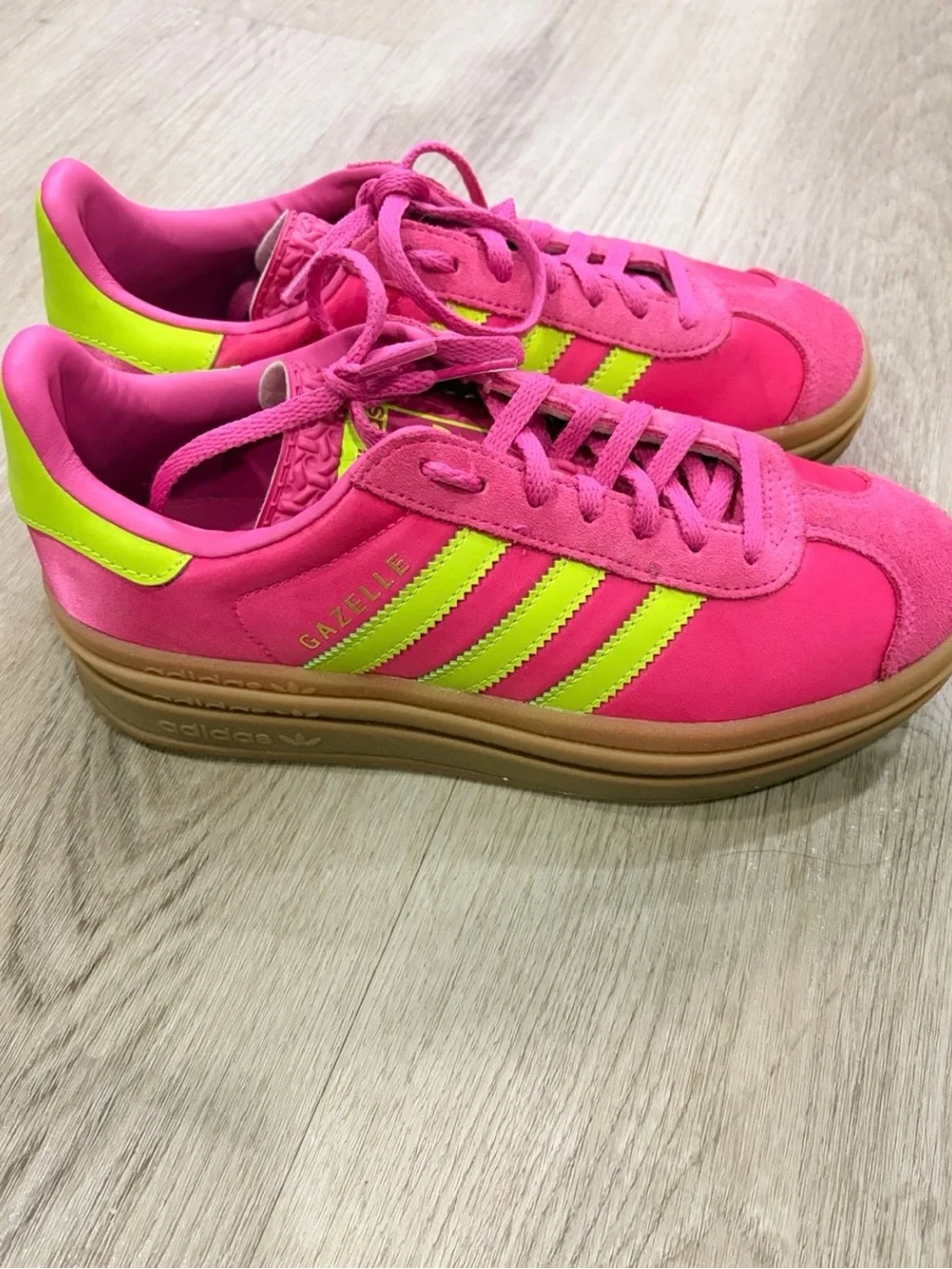 adidas Gazelle Bright Pink with Neon Yellow Accents and Gum Sole